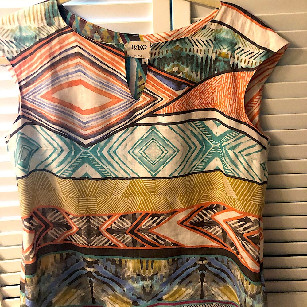 IVKO Linen Blouse, Geometric Print, Fits 8-10